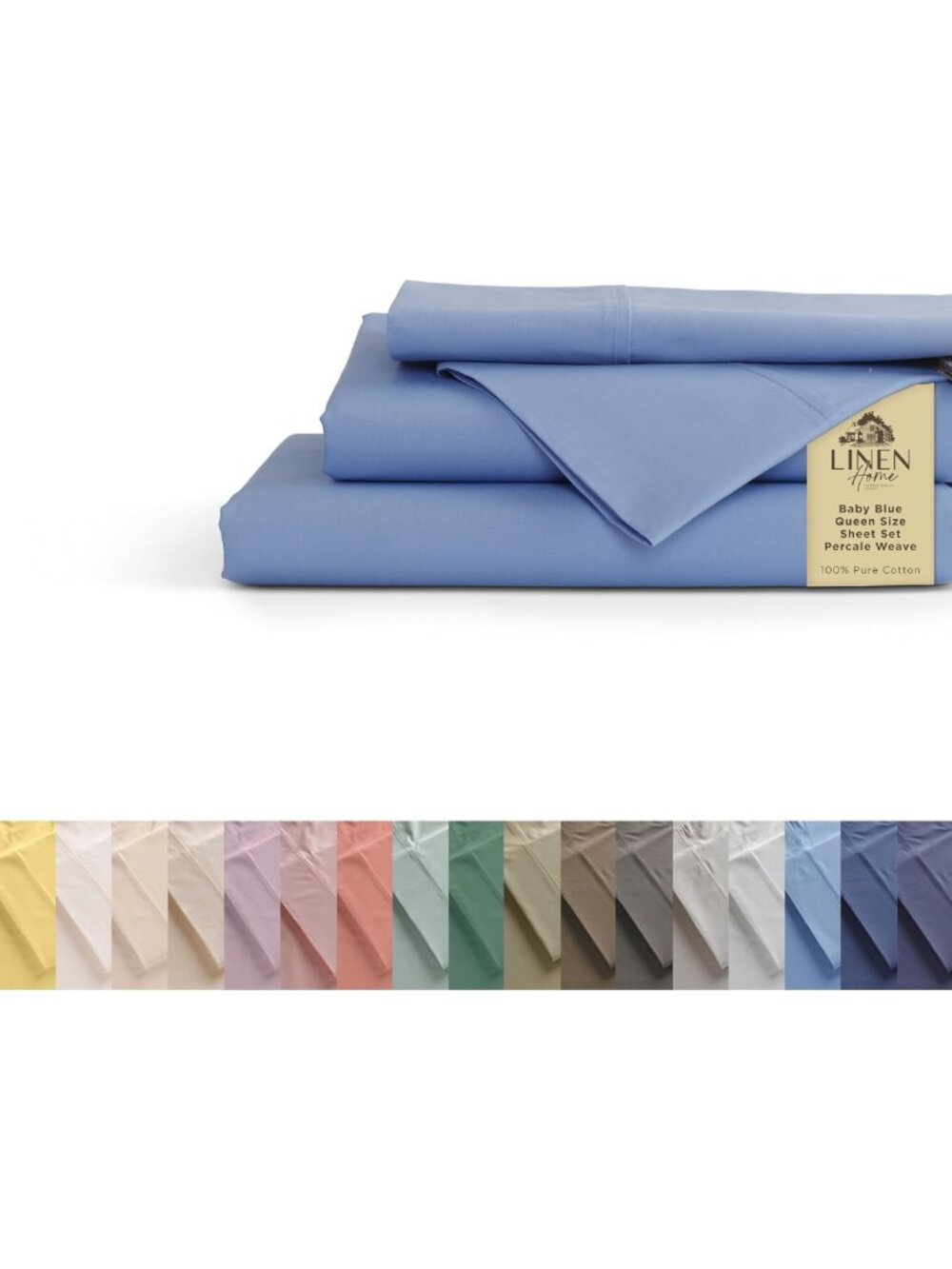 Cooling 4-Piece Queen Sheet Set - 100% Cotton Percale, Soft Baby Blue Bedding